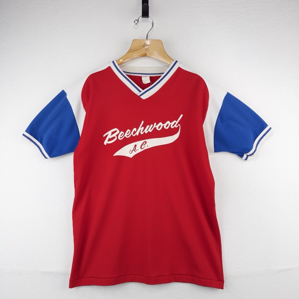 80's Vtg Mason Ringer V-neck Jersey Men's 42-44 (L) Red White Blue